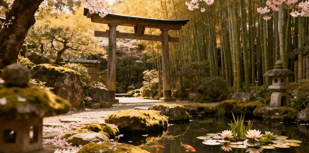 Serene Japanese garden with torii gate, pond, and bamboo